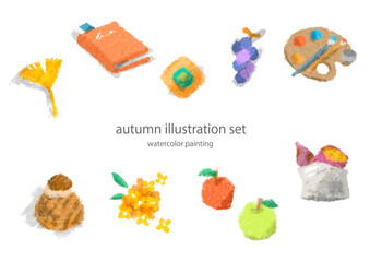 秋のあしらいイラストセット　お洒落な手描き水彩風　