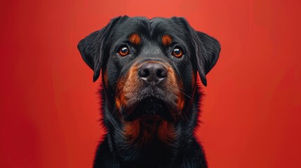 Close-up Portrait of a Rottweiler Dog with a Red Background