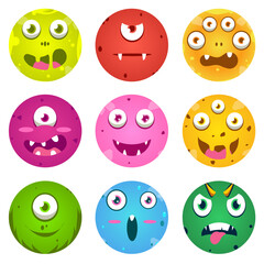 Set round monster face with various faces