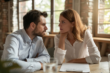 Annoyed married couple arguing in a lawyer’s office about divorce. Legal separation and disagreement concept