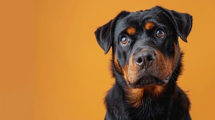 Close-up Portrait of a Rottweiler with Brown Eyes Against an Orange Background