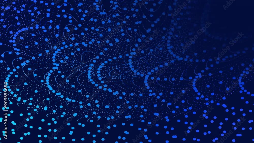 Poster moving blue particles on a black background. background technology particle motion animated.
