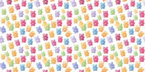 a pixelated illustration style pattern background of colorful gummy bears on a white background