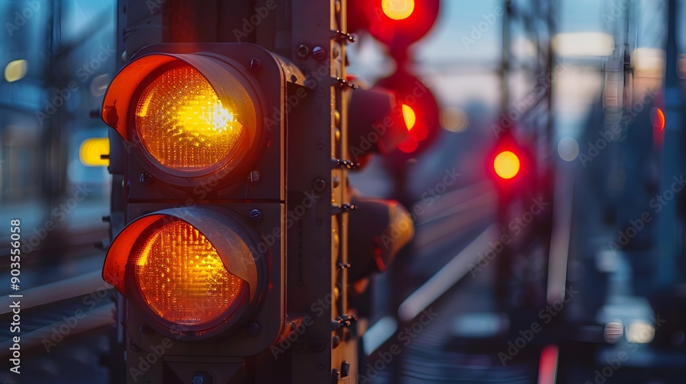 Poster close up of railway signals and lights controlling train movements