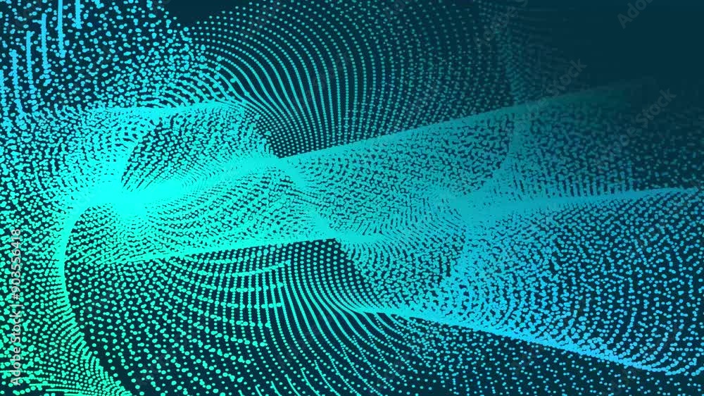Poster moving blue particles on a black background. background technology particle motion animated.