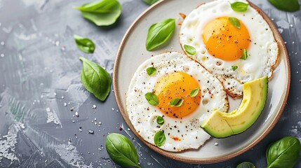 Breakfast of fried eggs and avocado