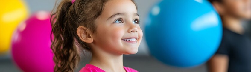 Happy girl enjoying fitness activity with colorful exercise balls in a bright gym environment.