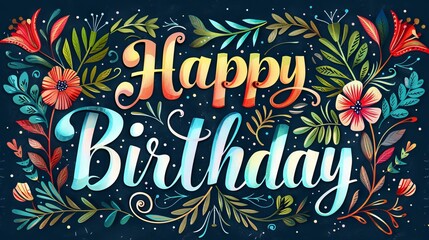 Colorful "Happy Birthday" typography design on a dark background with vibrant lettering and festive elements, perfect for celebration-themed visuals and party invitations.