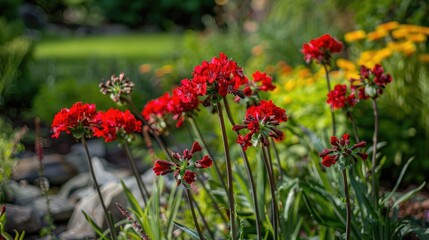 Bright red Lychnis flowers in the garden