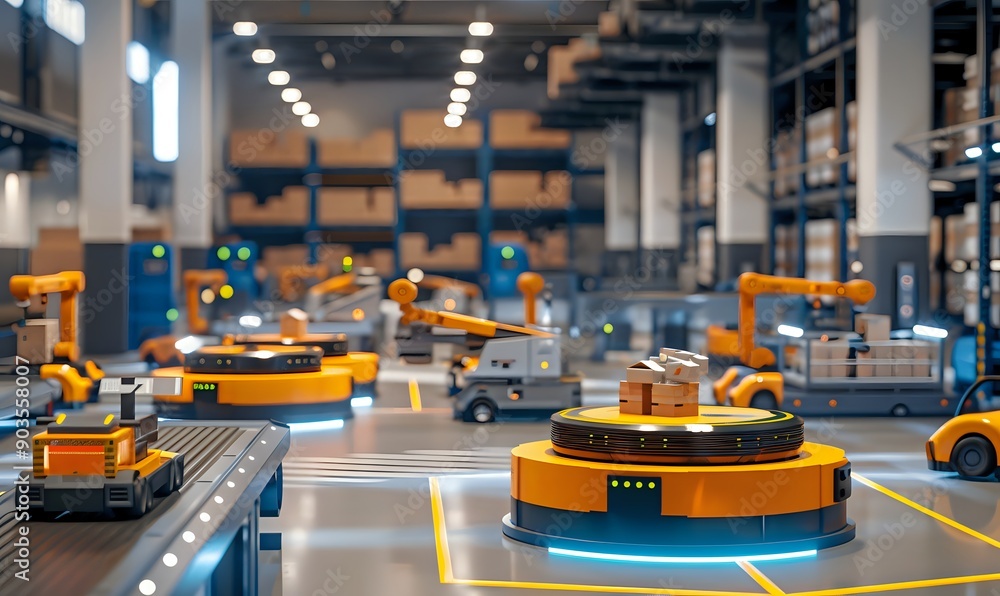 Poster automated guided vehicles and robot arms streamline warehouse operations for efficient logistics