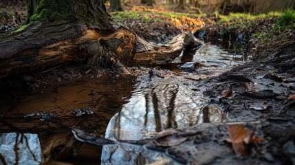 Brook water next to a dead tree