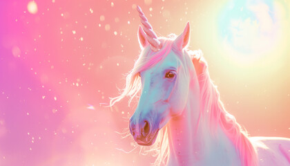 A majestic white unicorn with a shimmering horn and vibrant mane against a dreamy, pastel-colored background with floating sparkles.