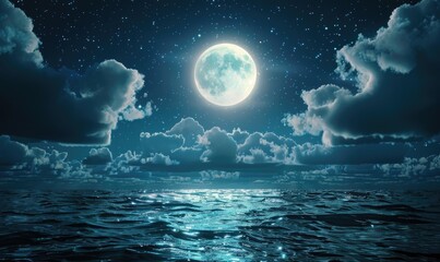 Tranquil Nighttime Seascape with Full Moon