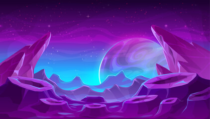 Fantastic alien space purple planet surface, violet mountains and craters landscape. Cartoon vector fantastical otherworldly captivating background with distant planet visible in the lilac starry sky