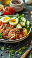 Fototapeta premium Vibrant Healthy Salad Bowl with Grilled Chicken, Vegetables, and Boiled Egg. Balanced Nutritious Meal for Wellness Marketing, Restaurant Menus, Food Photography, Diet Plans, and High-Resolution 4K Wal