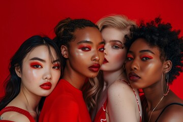 Creative group portrait of women in red makeup