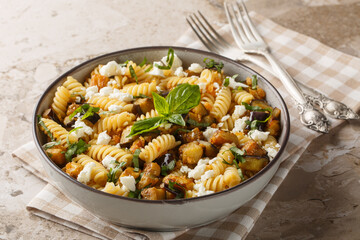 Spicy fusilli pasta with fried eggplant, garlic, feta cheese and breadcrumbs close-up in bowl on table. Horizontal