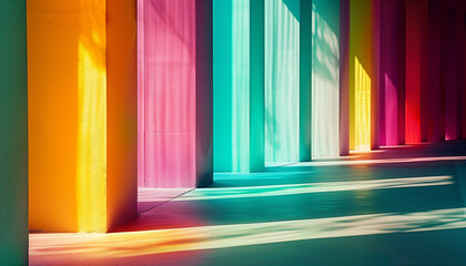 A vibrant hallway features colorful pillars with sunlight casting rainbow-like shadows on the floor.