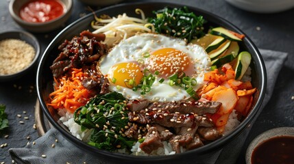 Korean Bibimbap Bowl with Fried Egg, Beef, and Vegetables