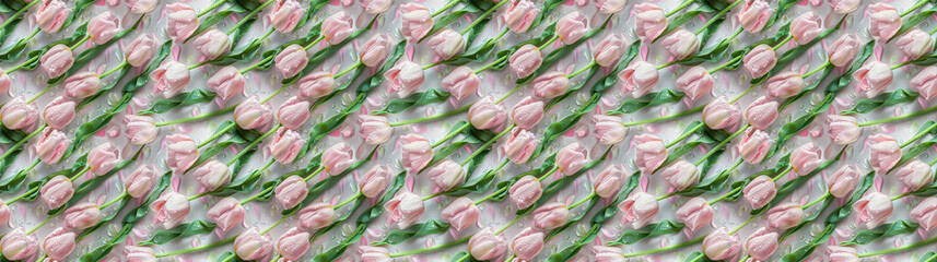 Obraz premium a backgeound of dewy pink tulips, green stems with leaves