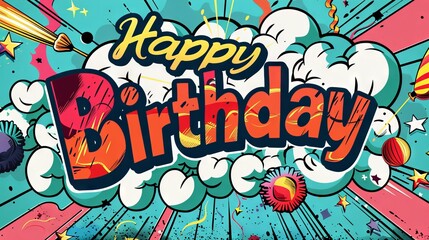 Colorful 'Happy Birthday' comic book pop art vector illustration with vibrant retro style, explosive speech bubble, and dynamic halftone background for fun and celebratory design projects