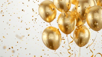 Elegant gold foil balloons with confetti and festive ribbon on white background - 3d realistic illustration for anniversary celebrations, birthday parties, sales promotions, and event decorations