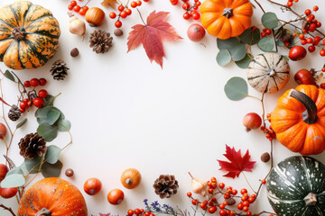 Obraz premium little autumn decoration border only reaching in a litte, with pumpkins and maple leaves only on the border of a big wide white background. AI generative.