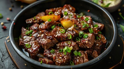 Fototapeta premium Close-up of a Bowl of Stir-fried Beef with Sesame Seeds and Green Onions