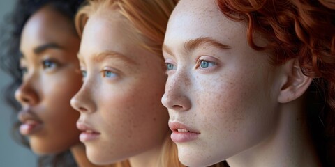 Obraz premium Side view portrait of three women with different skin tones and freckles