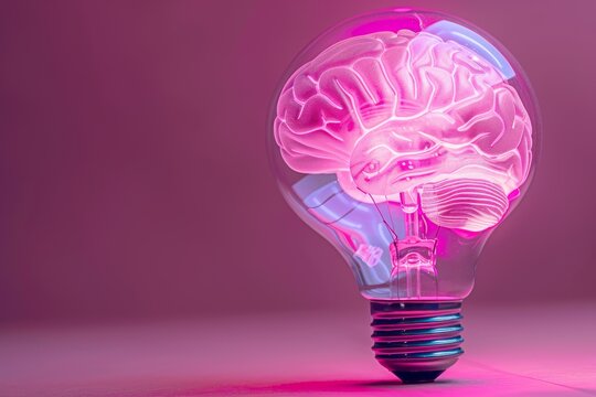Pink Brain Bulb on Magenta Background Modern Digital Art