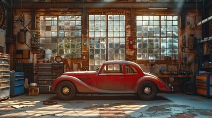 Obraz premium Vintage Car in a Dusty Garage