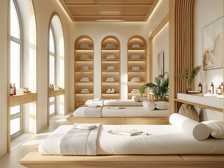 Modernes Spa Center. Massageraum mit mehreren Massageliegen.