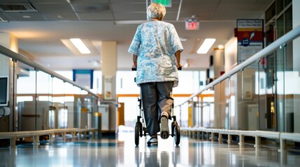 In a well-lit nursing home common area, an elderly woman performs balance exercises under the supervision of a physical therapist. Nearby, another resident confidently uses a walker with assistance