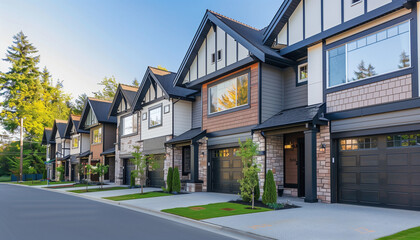 A row of modern townhouse-style homes with well-manicured lawns, large windows, and garage doors, under a clear blue sky in a suburban neighborhood.