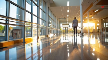 A nursing home common area filled with natural light shows an elderly woman engaging in balance exercises with a physical therapist is guidance. 
