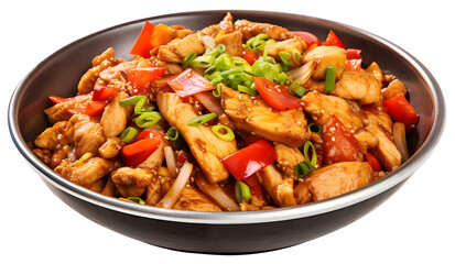 Stir Fried Chicken with Sauce, a plate Asian stir fry, dicut, PNG file, isolated background.	
