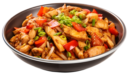 Stir Fried Chicken with Sauce, a plate Asian stir fry, dicut, PNG file, isolated background.	