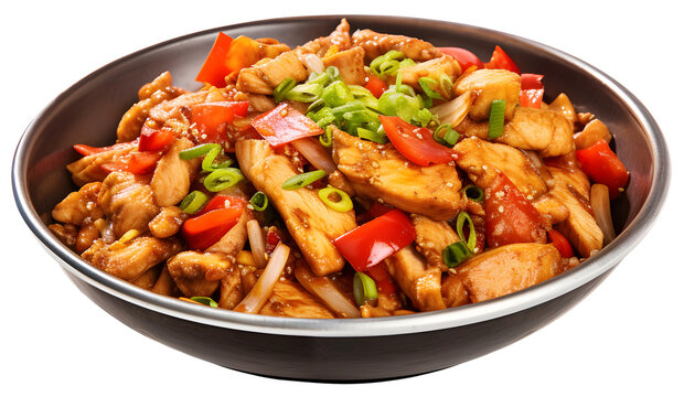 Stir Fried Chicken with Sauce, a plate Asian stir fry, dicut, PNG file, isolated background.	