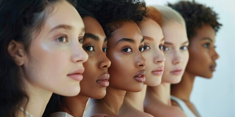 Fototapeta premium Side view of six women with varied ethnicities and skin tones.