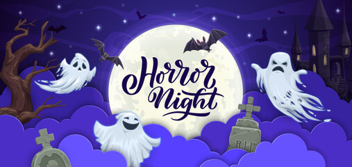 Halloween paper cut clouds with funny ghosts, bats and dark castle. Vector holiday background with 3d papercut effect, starry sky with full moon, flying spooks and trees and old cracked gravestones