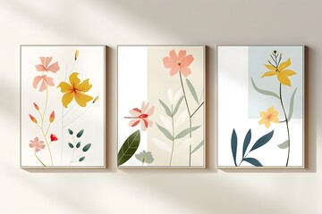 Elegant floral art prints in soft pastels adorning a light wall.