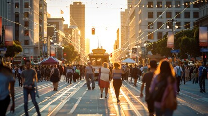 Bustling Union Square in San Francisco featuring high-end retail shops and historic buildings, with a mix of locals and tourists interacting on the streets. Street performers entertain the crowd,