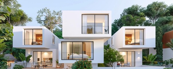 Fototapeta premium Modern 3D minimalist housing units with communal spaces, emphasizing community-focused development, demand