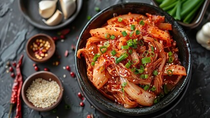 Kimchi with Green Onions and Sesame Seeds in a Black Bowl