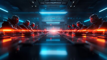 A futuristic interpretation of the Last Supper with holographic apostles and advanced tech, Cyberpunk, Digital, High-tech