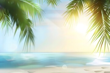 Fototapeta premium Serene tropical beach scene with vibrant palm leaves and a glowing sunrise.