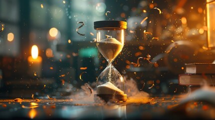 An hourglass with sand rapidly draining, placed on an ancient, weathered desk cluttered with arcane books and magical artifacts. The room is dimly lit with floating candles and mystical symbols on