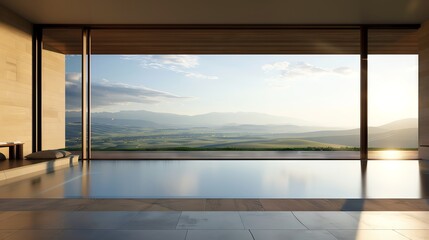 A luxury home interior with virtual reality windows showing different landscapes, Futuristic, Digital, Elegant
