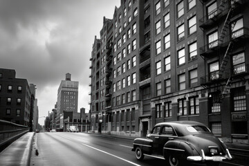 photograph of the grayscale cityscape vintage buildings,30s, 40s,. AI generative.