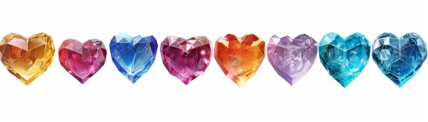 Fototapeta premium Dazzling Crystal Hearts Collection: Vibrant Multicolored Gem-like Hearts Isolated on White Background. Perfect for Romantic Marketing, Jewelry Advertising, Valentine's Day Campaigns, and Elegant 4K Wa